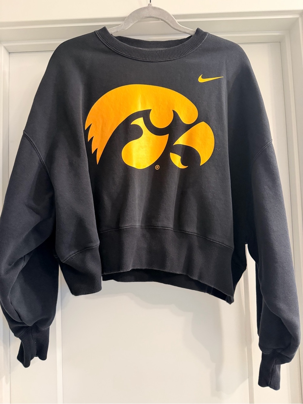 Nike Black Cropped Crewneck Sweatshirt with Gold Hawkeye Logo